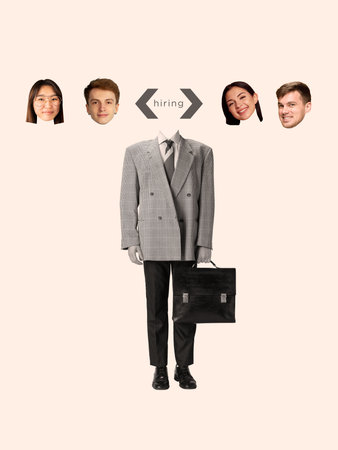 Abstract collage. Headless businessman holding briefcase surrounded by smiling candidate facesの写真素材