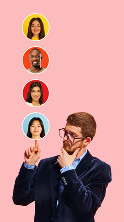 Bold colorful poster. Man choosing candidate from diverse portraits for job recruitment decisionの写真素材