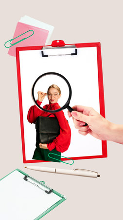 Contemporary collage. Magnifying glass highlighting confident woman on clipboard job applicationの写真素材