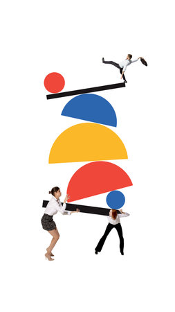 Colorful artwork. Team of professionals balancing geometric shapes representing collaboration...