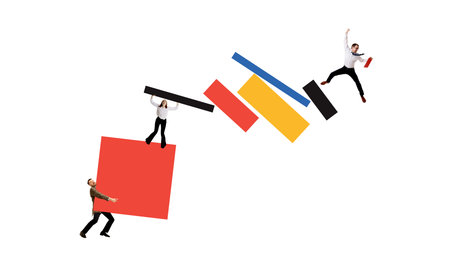 Dynamic teamwork collage with geometric blocks representing innovation and balanceの写真素材