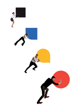 Trendy collage. Business team pushing colorful geometric forms symbolizing growth and cooperationの写真素材