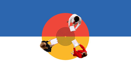 Creative collage. Top view of business team discussing data over abstract geometric circleの写真素材