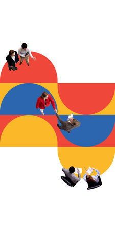 Creative collage. Office interaction with handshake over abstract colorful patternの写真素材