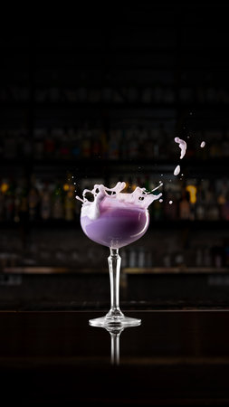 Purple cocktail splash in bar interior with vivid foam explosionの写真素材