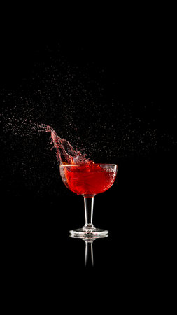 Red cocktail splash captured in mid-air with dynamic dropletsの写真素材