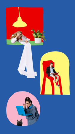 Digital artwork. Three people working remotely in colorful collage of creative home office scenesの写真素材