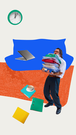 Bright collage. Tired man holding stack of folders standing near laptop and coffee cup on floor