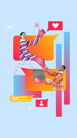 Bold colorful poster. Man and woman exchanging ideas through chat bubbles symbolizing cross-team creative workflow in digital workspaceの写真素材