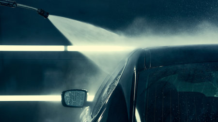 Closeup of high pressure water jet washing car roof during detailingの写真素材