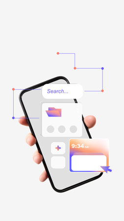 Minimalist collage. Hand holding smartphone with floating interface icons and data network...