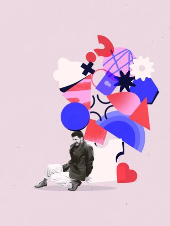 Bright collage. Man sitting under floating colorful abstract shapes symbolizing mental overloadの写真素材