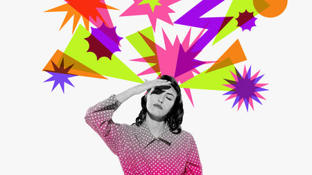 Graphic composition. Woman touching forehead surrounded by colorful mental stress explosionsの写真素材