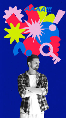 Bold colorful poster. Man with colorful explosion of thoughts above head symbolizing cognitive overloadの写真素材