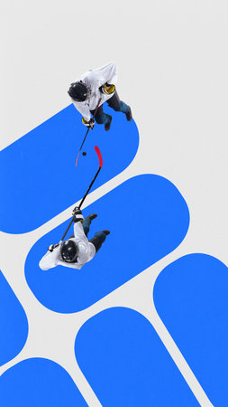 Ice hockey players facing each other on blue geometric background. Collage of one model.の写真素材
