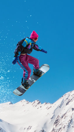 Female snowboarder performing jump in air over snow mountains with blue sky background. Handmade...