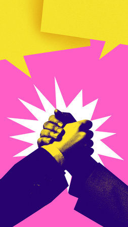 Strong handshake with exclamation marks using photocopy texture