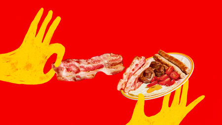 Vibrant digital artwork. Yellow hands offering bacon and English breakfast plate