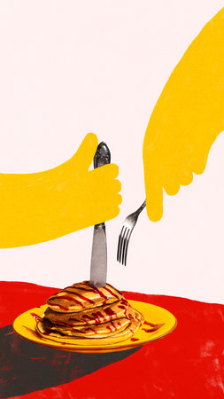 Graphic composition. Yellow hands cutting pancakes with syrup on red table