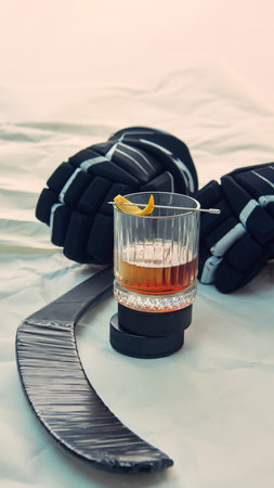 Whiskey glass with orange zest near hockey gloves and stick on white surface