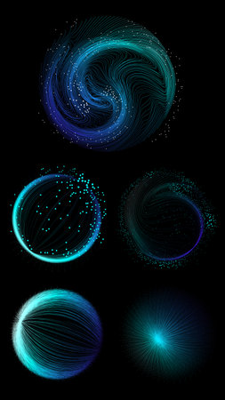 Blue neural swirl with curved lines and glowing dots on dark backgroundのイラスト素材