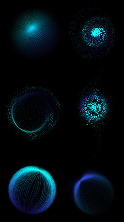 Blue radiant data core with radial dots and energy lines on black backgroundのイラスト素材