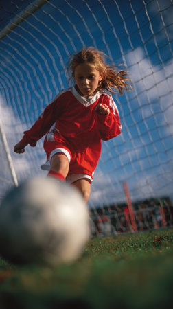 Schoolgirl in red football uniform kicking ball toward goal net. Concept of youthful ambition for sports branding, training visuals, and educational advertising materials. AI Generatedの素材
