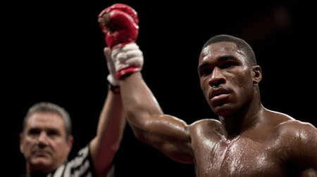 Boxer with raised glove declared winner in ring by referee after intense match. Concept of triumph, victory emotion, discipline, and strength in professional sport competition. AI Generatedの素材