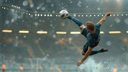 Male soccer player executing dramatic midair bicycle kick during rainy night match. Concept of athleticism, persistence symbolizing creativity, performance, and emotional strength. AI Generatedの素材