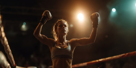 Female boxer raising arms in victory under warm lights after successful match. Concept of empowerment, confidence, and determination representing strength, pride, and success. AI Generatedの素材