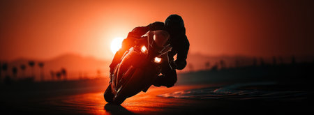 Motorcycle racer leaning into curve at sunset with glowing determination and speed. Concept of MotoGP adrenaline, lifestyle editorial, , extreme sports marketing and competition visuals. AI Generatedの素材