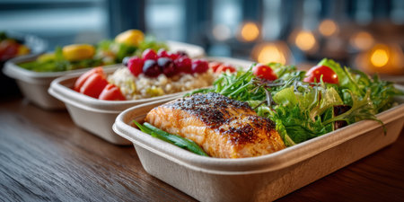 Healthy meal prep containers showcase salmon and fresh greens arranged on a wooden table concept of nutritious meal planning. AI Generatedの素材