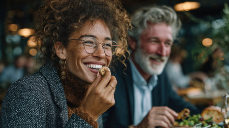 Cheerful friends enjoy lunch in a cozy restaurant ambiance, concept of joyful dining experiences with loved ones. AI Generatedの素材