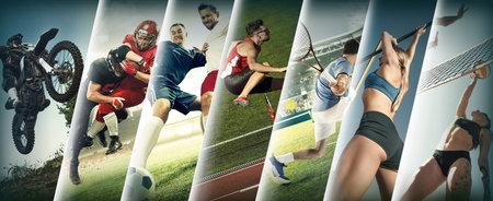 Collage of athletes competing in outdoor sports under bright daylightの写真素材