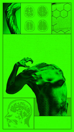 Bold poster. Human body with green digital brain scans and abstract anatomical overlays.の写真素材