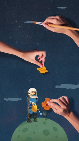 Collage art. Little boy astronaut watering flower on small green planet with hands painting stars...