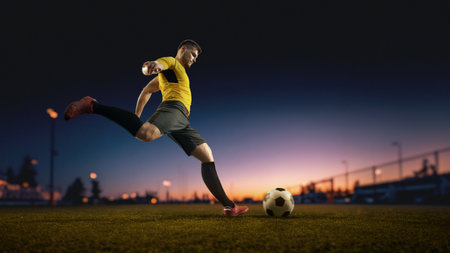 Soccer player powerful kick during night match at sunset. Handmade collageの写真素材