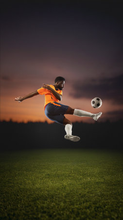 Soccer player jumping kick at sunset on field.の写真素材