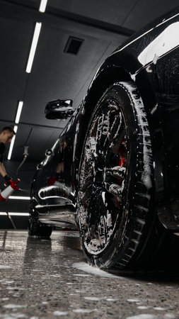 Low angle view of foam covered car wheel during detailing processの写真素材