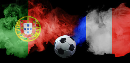 Portugal vs France football match with smoke flags and soccer ball centered. Copy space compositionの写真素材