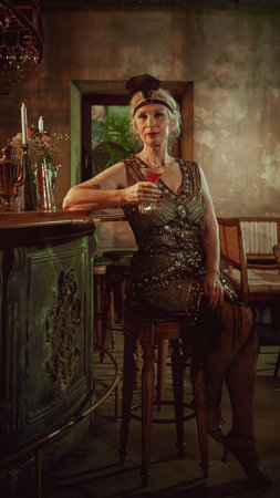 Elegant retro woman posing at bar counter in glamorous vintage evening look