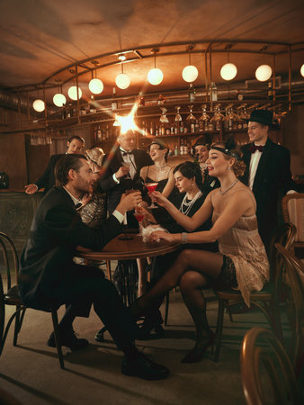 Retro celebration scene with stylish friends raising cocktails in warm bar lightingの写真素材