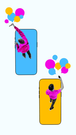 Minimal collage of two people interacting through giant smartphones with floating bubblesの写真素材