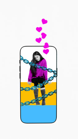 Graphic composition of girl trapped inside smartphone wrapped in digital chains.の写真素材