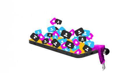 Playful composition of man collapsing onto smartphone overflowing with social media icons.の写真素材