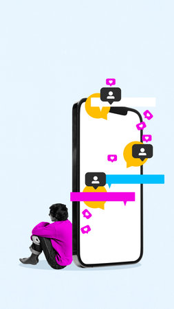 Minimal artwork of boy sitting beside giant smartphone filled with chat bubbles and floating icons.の写真素材