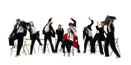 Business team performing expressive synchronized poses around confident leader in red coat