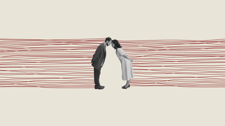 Stylized collage of couple leaning forward with gentle emotional connection over abstract red line patternの写真素材