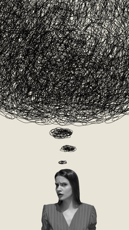 Symbolic composition of woman with anxious expression under heavy black scribble cloud