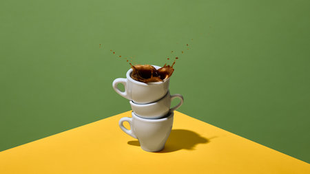 Coffee splash erupting from stacked white cups on green setupの写真素材